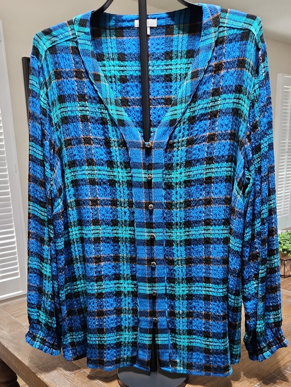J Jill Blue & Teal Plaid V-Neck Button-Front Women's Blouson